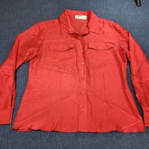 JRT Womens 100% Silk Red Quilted Collar Long Sleeve Button Down Blouse Size 10